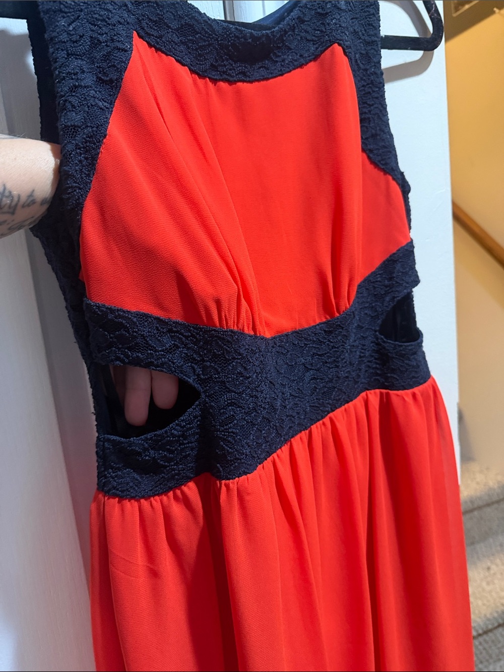 Sweet Storm Black Lace Bodice with Red Chiffon  Formal Dress